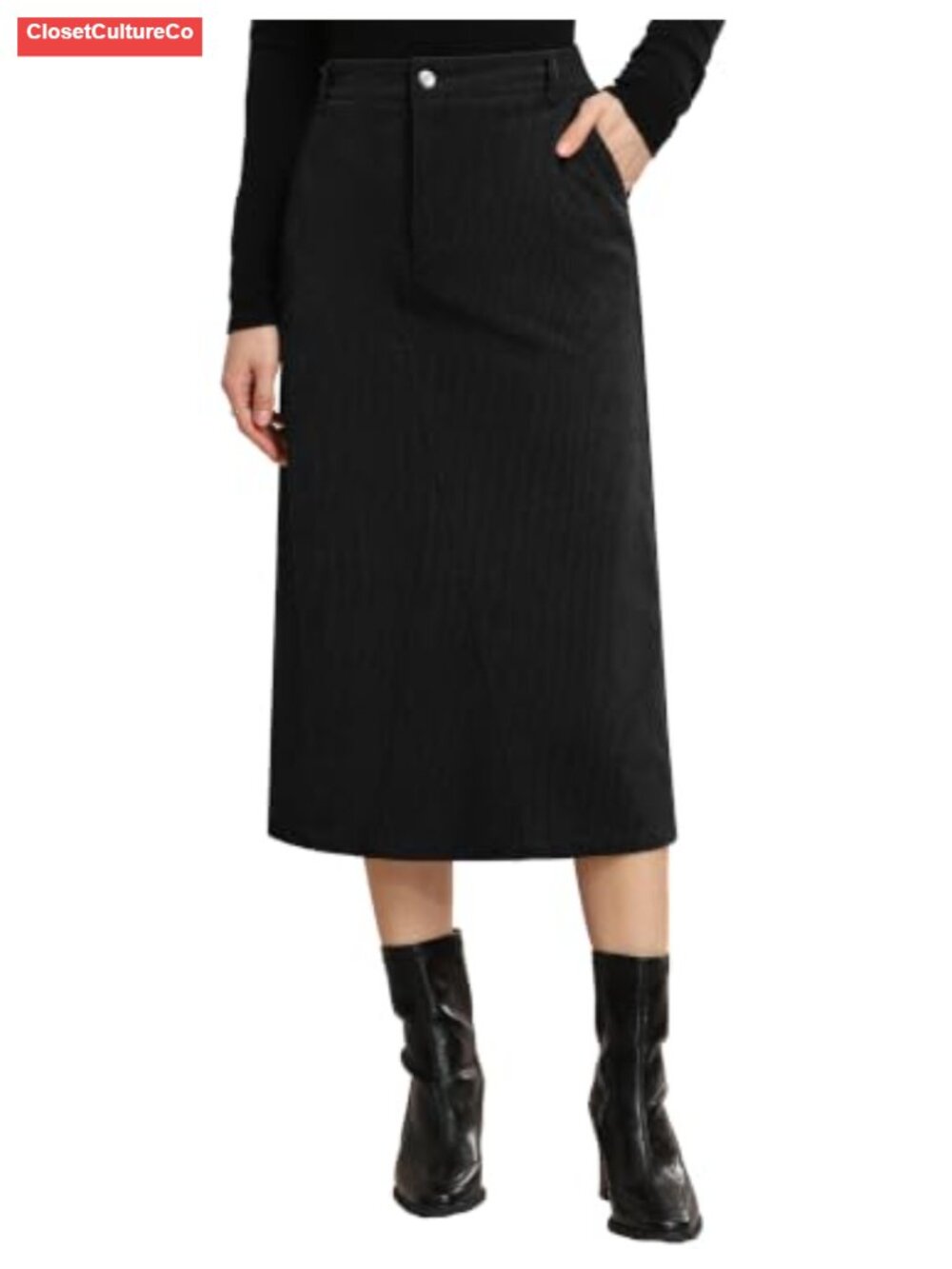Corduroy Midi Skirt High Waist Slit Pockets Fall